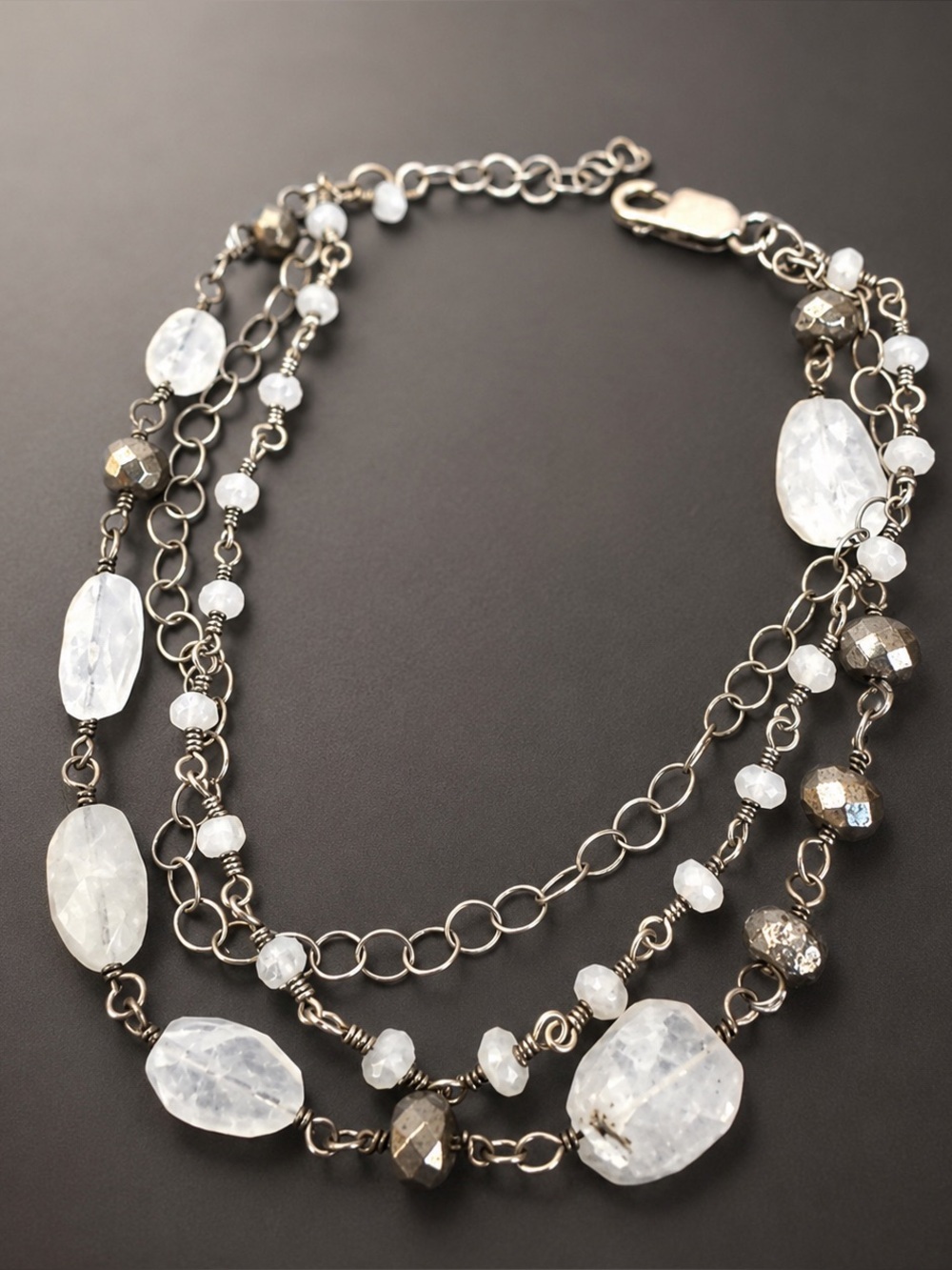 Vintage Sterling Silver Quartz Triple Strand Handmade Bracelet